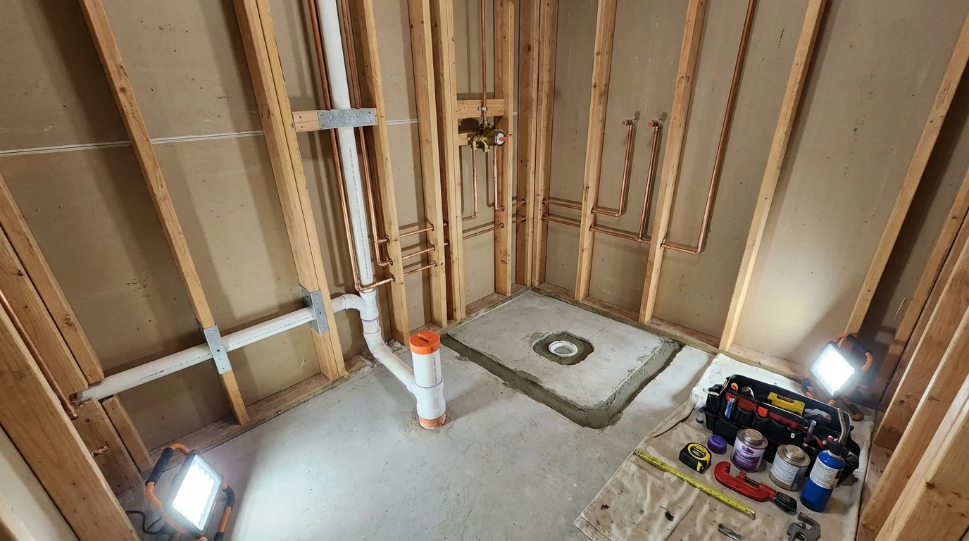 Bathroom rough-in plumbing during remodel by Johns Plumbing LLC in Belmar