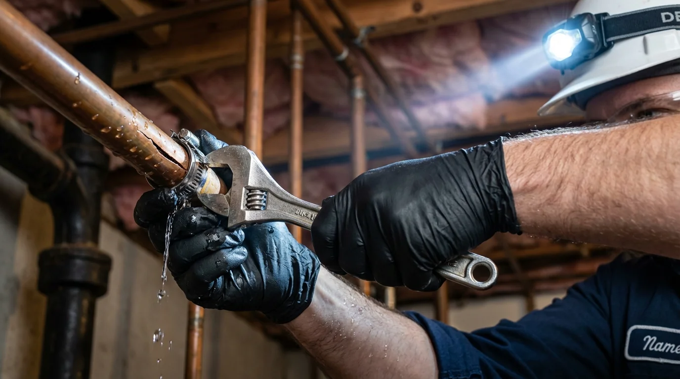 Emergency pipe clamp repair being performed by a Johns Plumbing LLC plumber in Belmar
