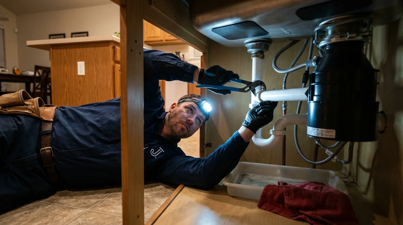 P-trap and supply line connections under a kitchen sink showing a common leak point in Belmar, NJ